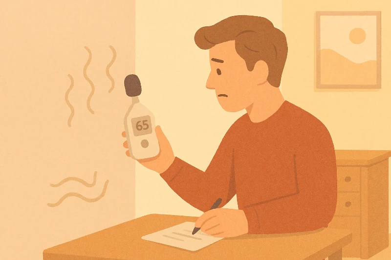 Homme utilisant un sonomètre dans son logement