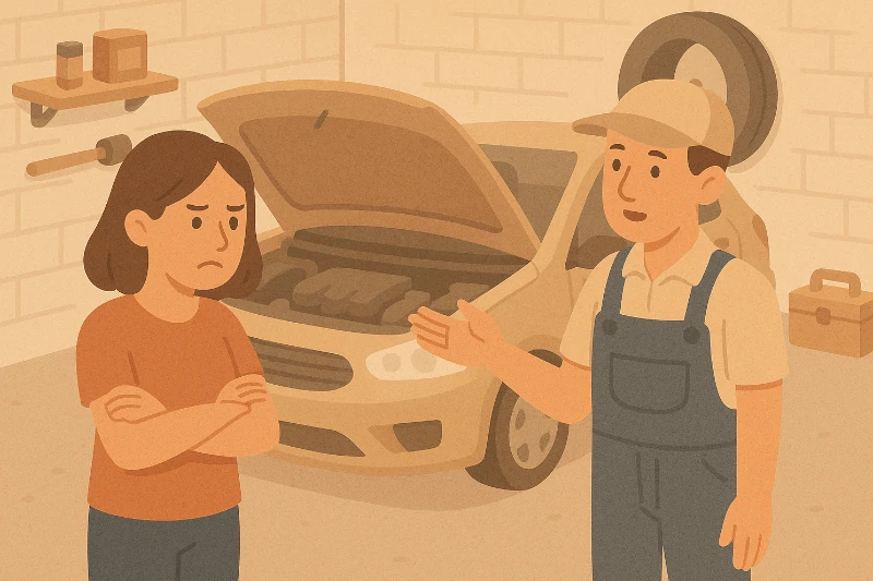 Femme discutant d'un vice caché sur s voiture avec son garagiste
