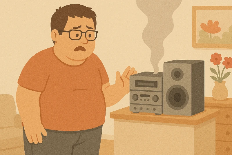 Homme devant une chaîne Hi-Fi en panne