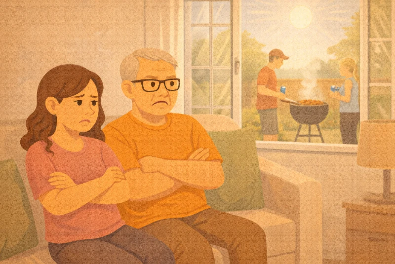 Couple dans son canapé avec un barbecue dehors