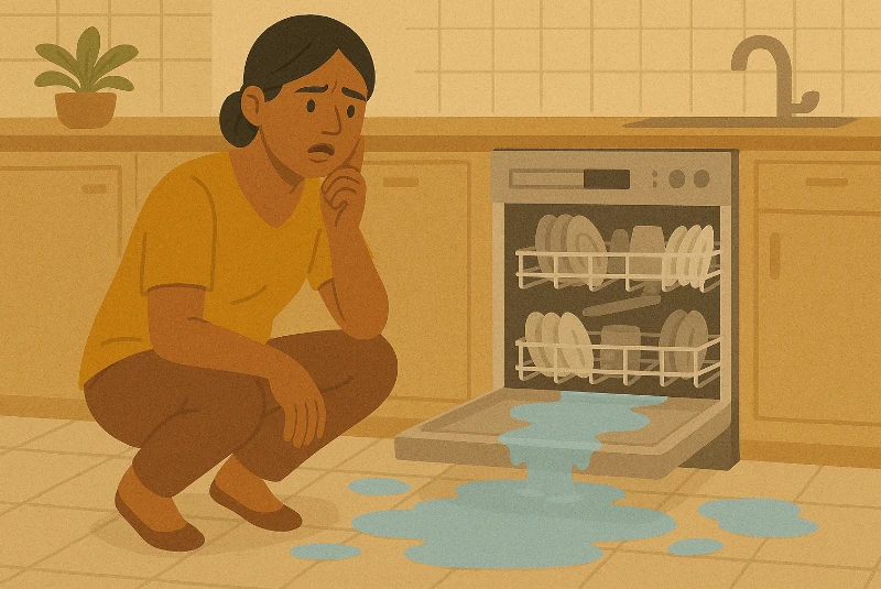 Femme devant une machine-à-laver en panne