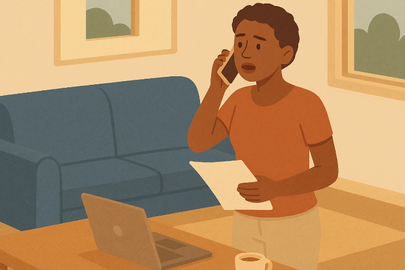 Femme essayant de résilier son abonnement Internet par téléphone