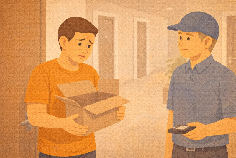 Homme constatant que l'article qu'il vient de recevoir est défectueux