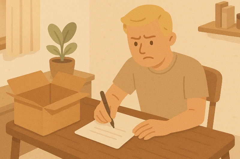 Homme rédigeant un courrier de réclamation suite à un produit reçu endommagé