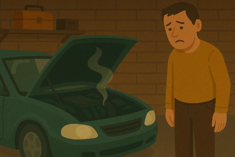 Homme devant sa voiture en panne