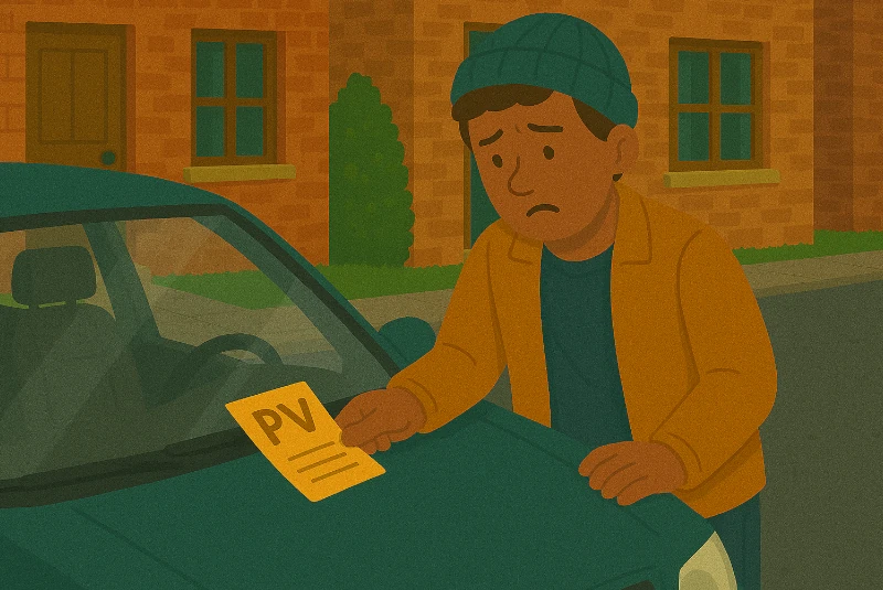 Homme trouvant un PV sur sa voiture