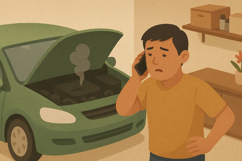 Personne dans un garage avec une voiture en panne