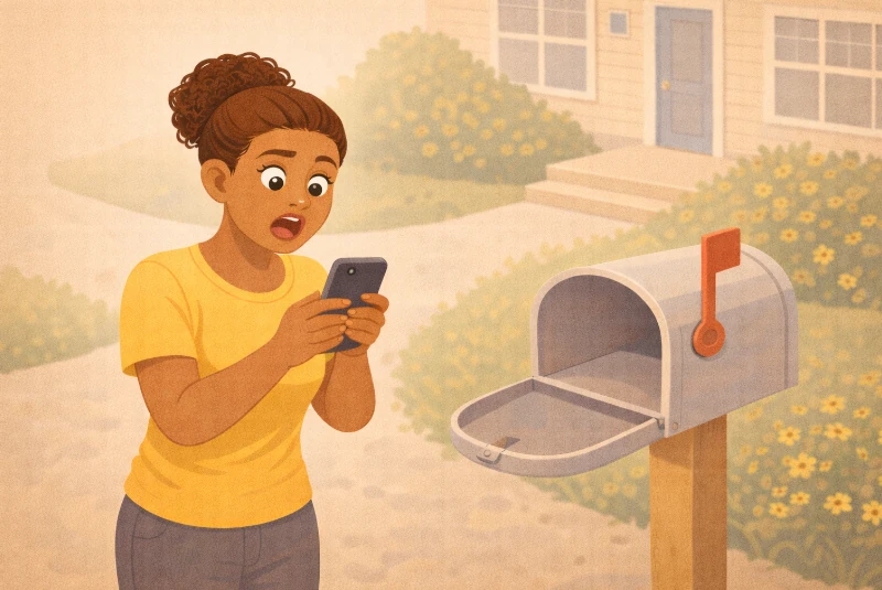 Femme découvrant qu’un colis indiqué livré ne l'est pas