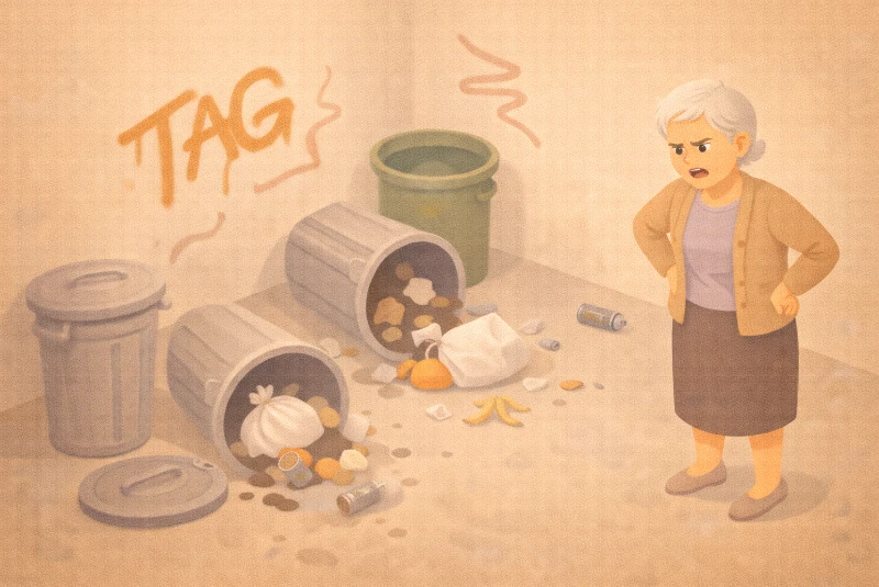 Dame âgée devant des dégradation de parties communes