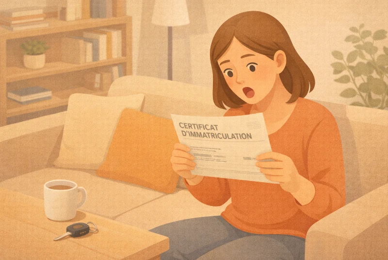 Femme constatant u ne erreur sur sa carte grise