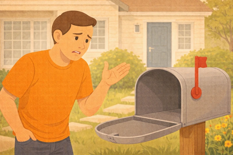 Homme dépité devant sa boîte aux lettres vide