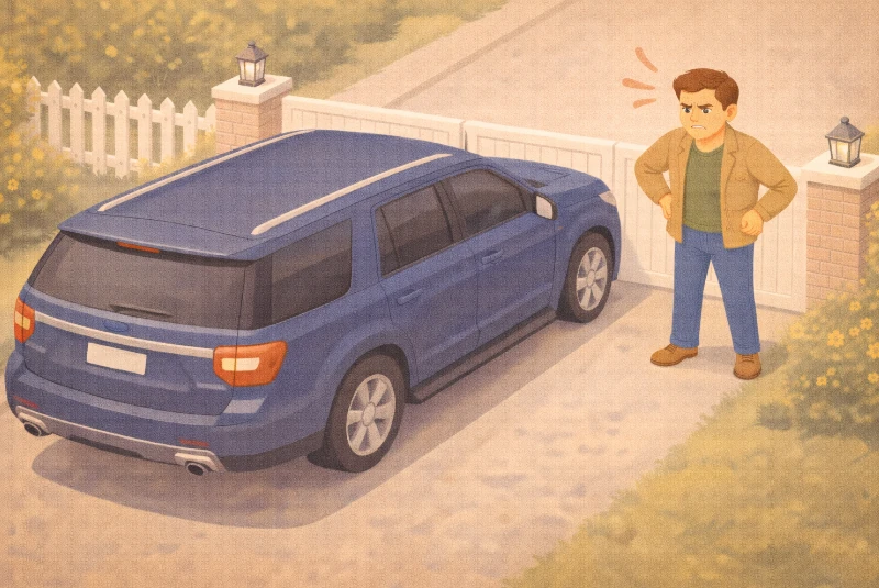 Homme constatant qu'une voiture est garée devant son portail