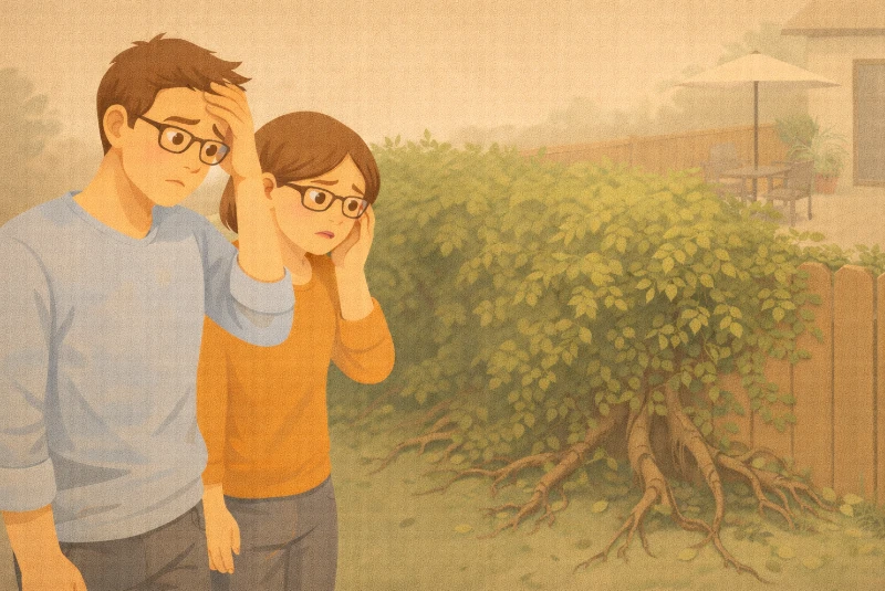 Couple dépité devant une haie envahissante