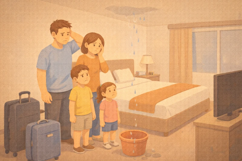 Famille dans une chambre d'hôtel insalubre