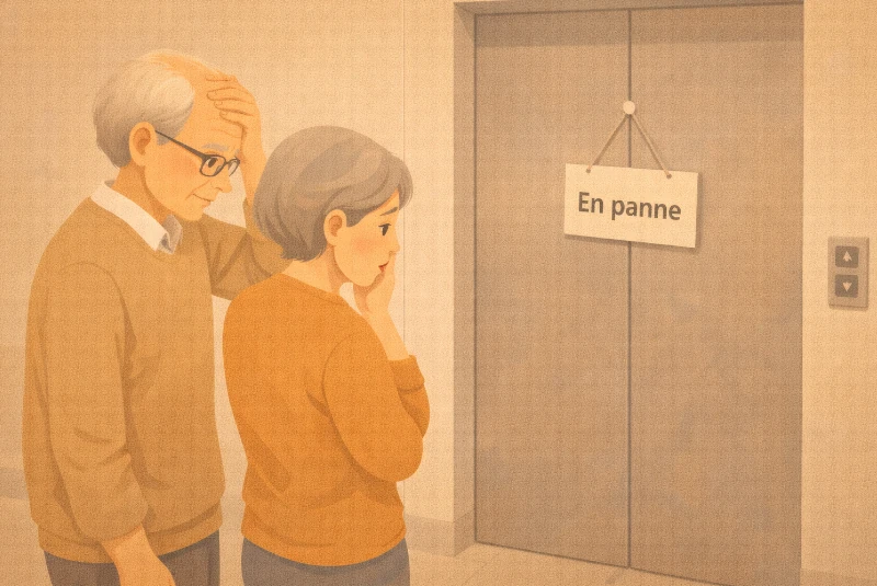 Couple âgé dépité devant un ascenseur en panne