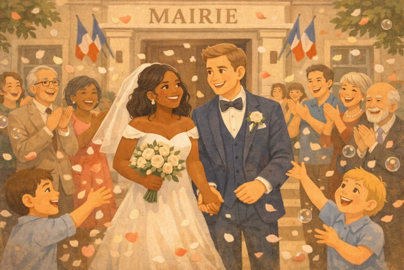 couple et invités pendant un mariage à la mairie