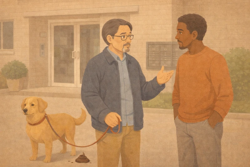 voisins discutant des dégradations commises par le chien de l'un d'eux