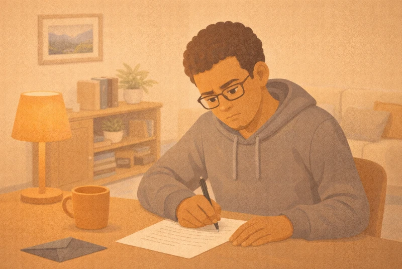 jeune homme rédigeant une lettre pour signaler des nuisances au propriétaire du logement