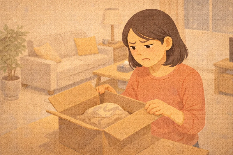 Femme constatant que le produit qu'elle a commandé est non-conforme