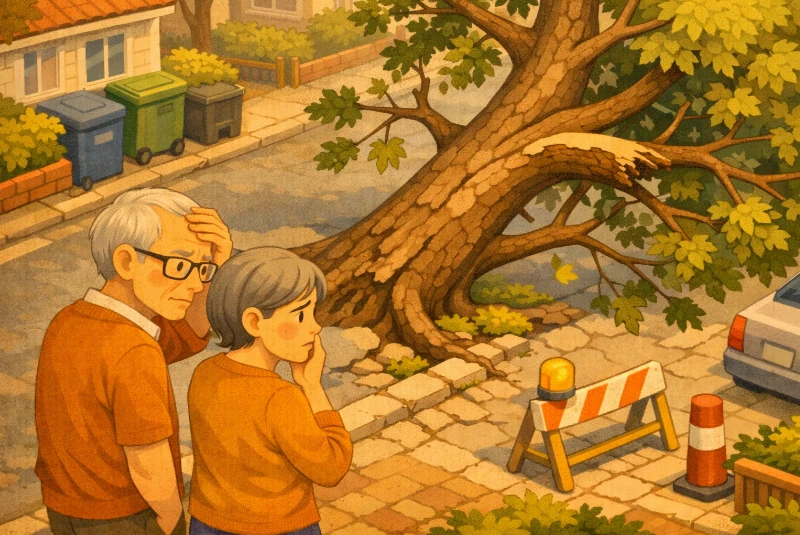 couple constatant un arbre dangereux qui s'est affaissé dans la rue