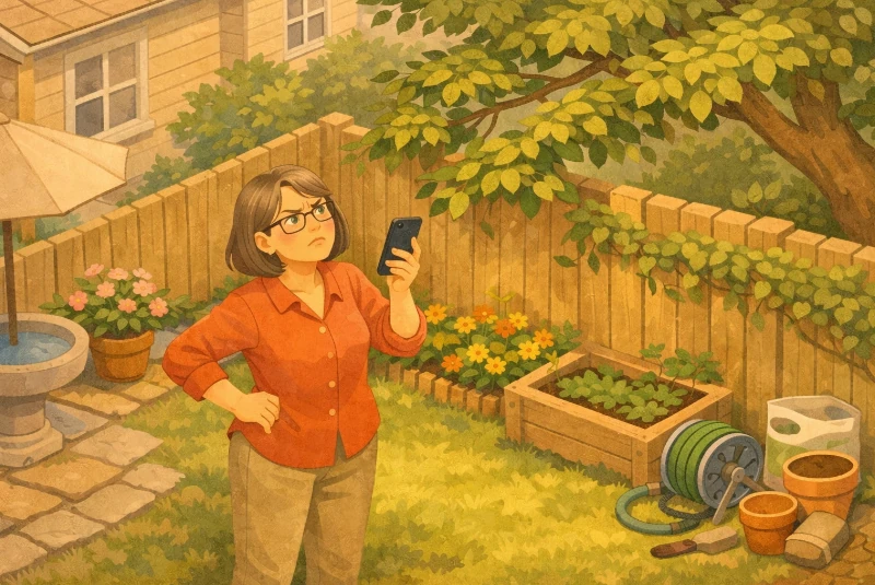 femme constatant que les branches de son voisin empiètent sur son jardin