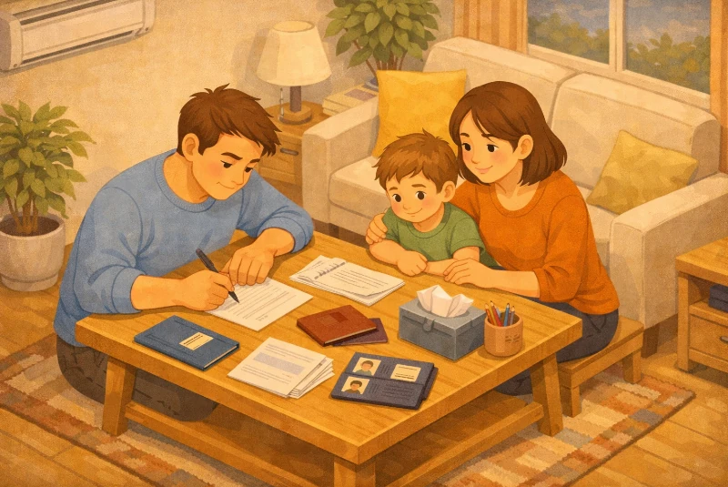 famille avec le père rédigeant une lettre de demande de livret de famille