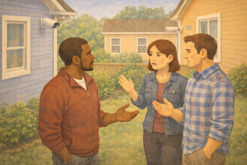 voisins discutant d'une caméra orientée vers leur domicile