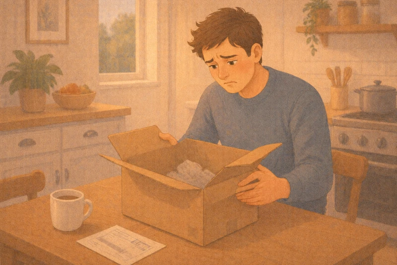 Déception d'un homme ouvrant un colis