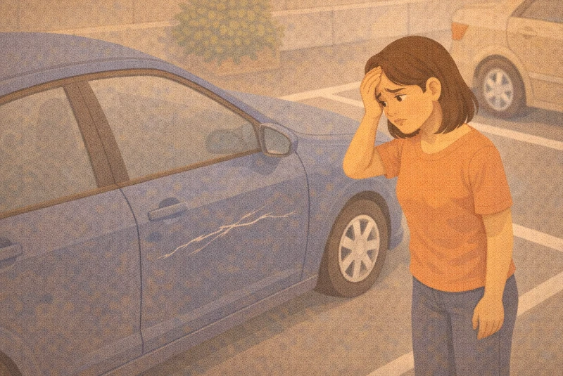 Femme constatant que sa voiture a été rayée