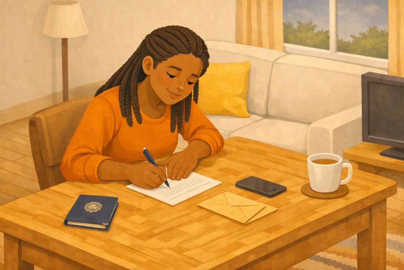 femme rédigeant une lettre pour corriger une erreur d'état civil sur un passeport