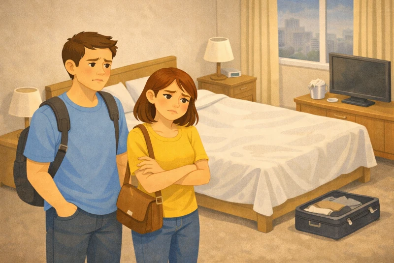 couple déçu par leur chambre d'hôtel non conforme