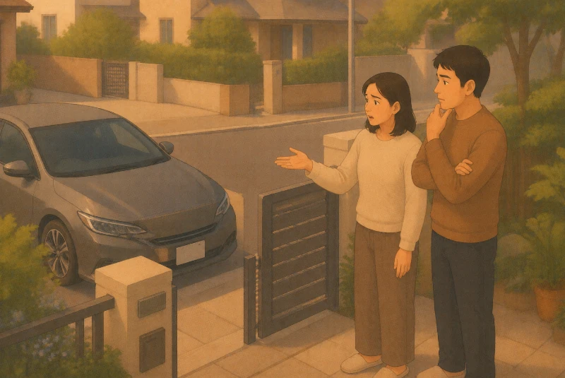 Couple constatant un stationnement gênant devant leur domicile