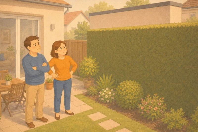 couple constatant une haie trop haute dans le voisinage