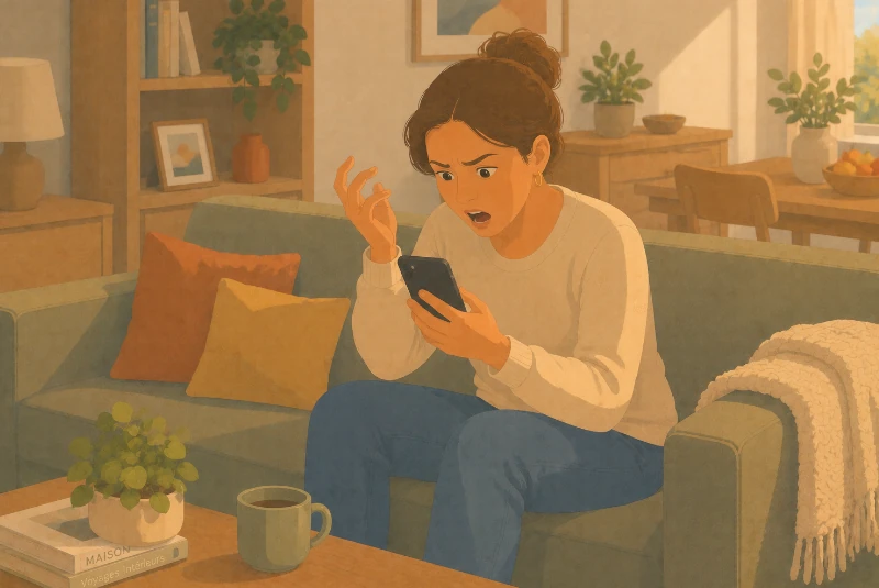 Femme dans son canapé lisant des propos diffamatoires contre sa personne sur Internet