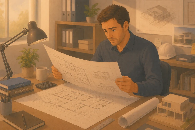 Homme étudiant un permis de construire