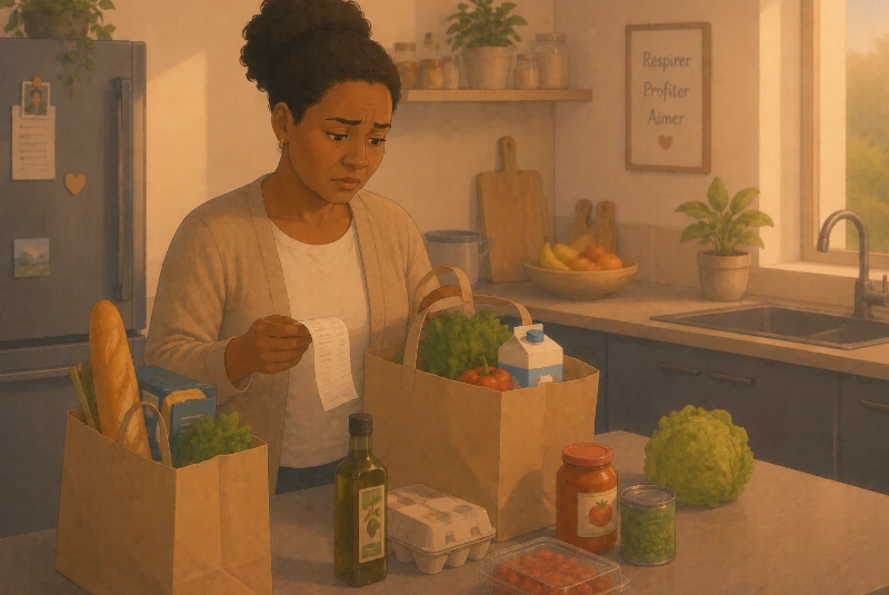 Femme constatant dans sa cuisine que sa commande Drive est incomplète