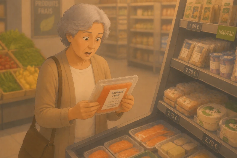 Une dame âgé constate qu'un produit en supermarché est périmé