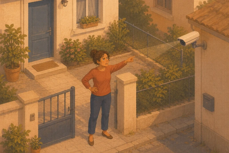 femme dénonçant un dispositif illégal de vidéosurveillance installé dans le voisinage