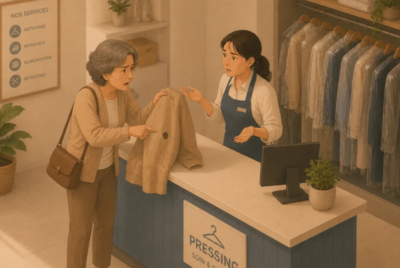 Femme mécontente suite à un problème avec un vêtement au pressing