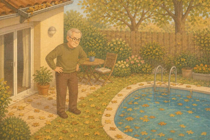 homme constatant une chute de feuilles excessive dans sa piscine et son jardin