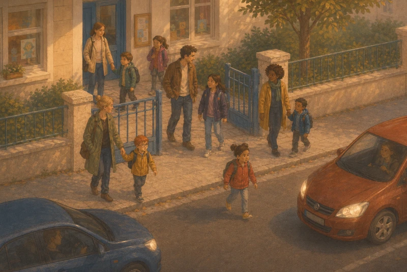 écoliers et leurs parents à la sortie d'une école, traversant une route sans passage piéton