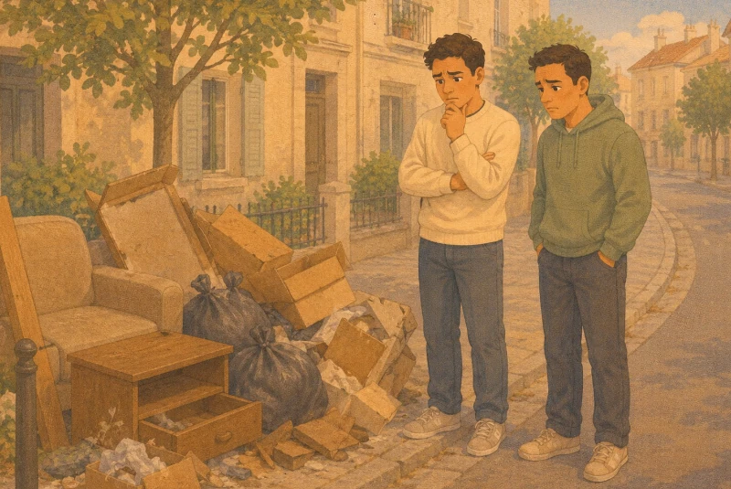 deux hommes constatant un dépôt sauvage (meubles, déchets) sur un trottoir