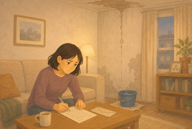 femme dans un appartement indécent rédigeant une lettre pour demander la réduction de son loyer