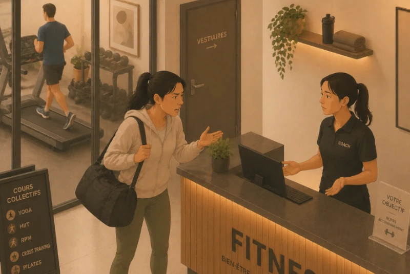 Femme énervée à l'accueil d'une salle de sport