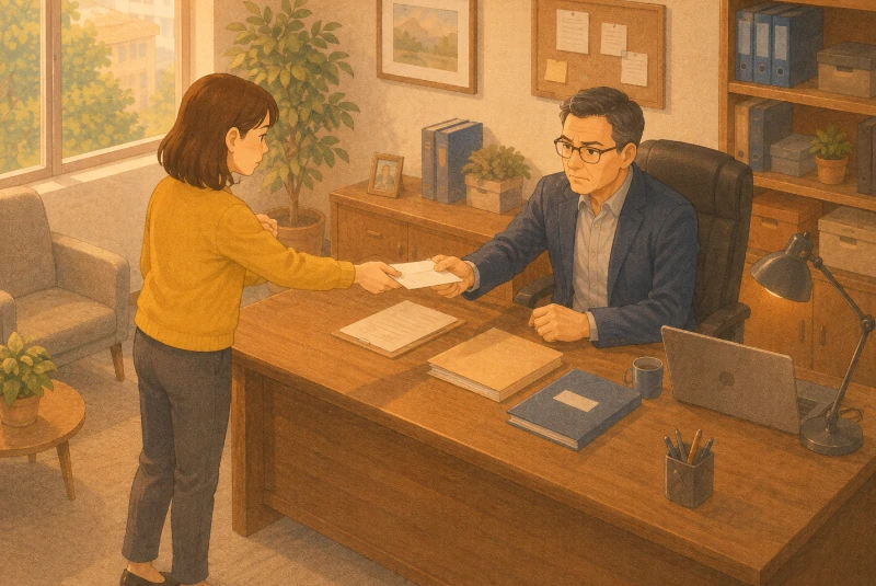 employée remettant une lettre à son employeur pour refuser une modification de son contrat de travail