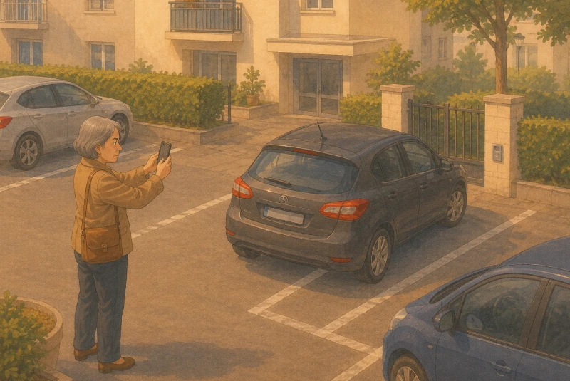 femme prenant une photo d'une voiture stationnée de manière abusive sur le parking de la copropriété